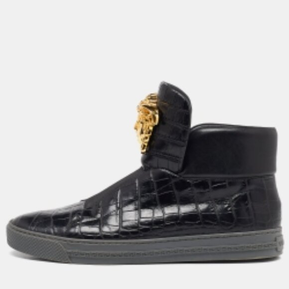 Versace Black Croc Embossed Leather Medusa High Top Sneakers Size 44 - Picture 3 of 7